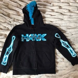 Tony Hawk Hoodie with Faux Blue Mohawk on hood full zip up pockets Boy’s Small